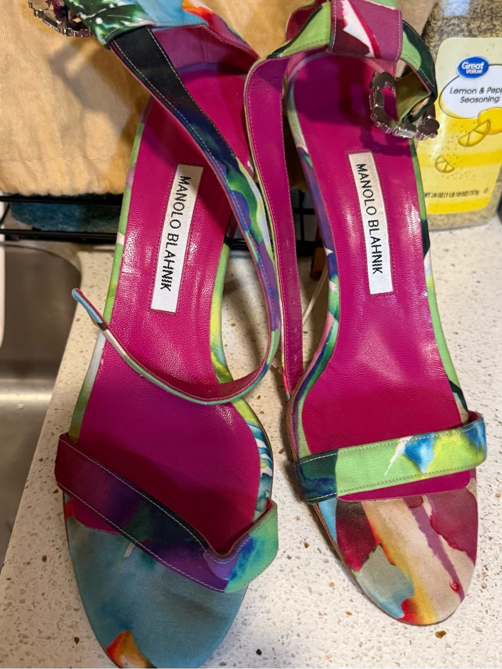 Manolo Blahnik Multicolor Satin Ankle-Strap Sandals with Pink Footbed - Picture 5 of 13